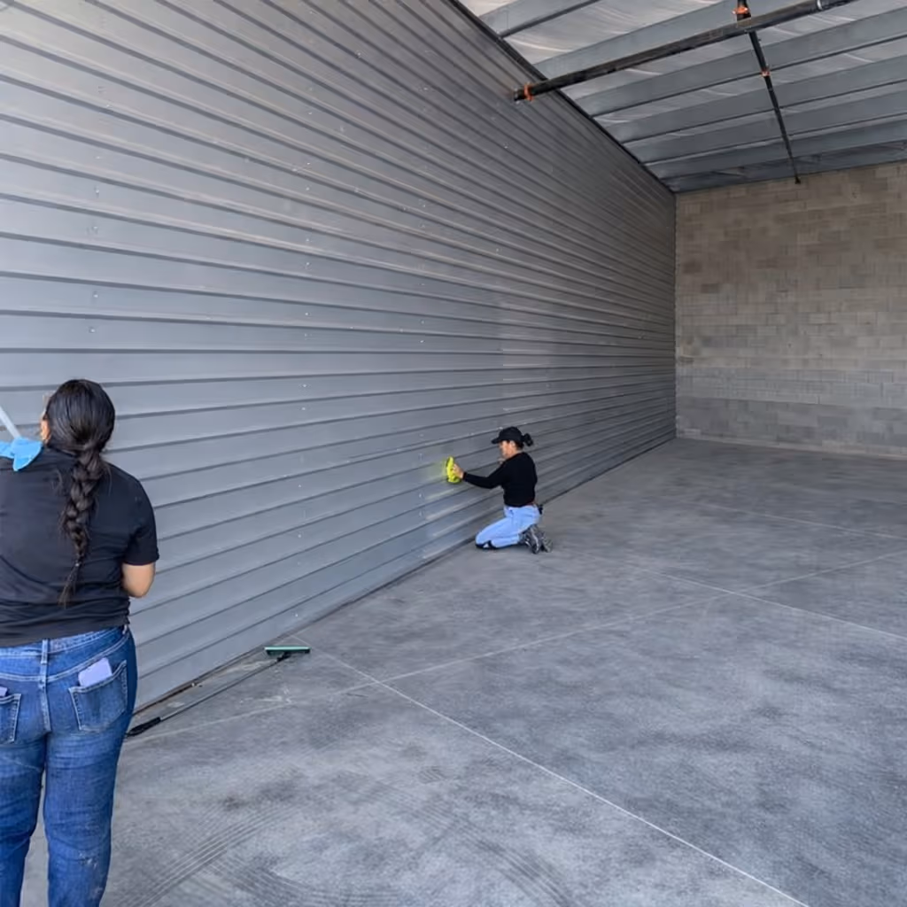 Two women cleaning a large empty metal and cinder block industrial space.